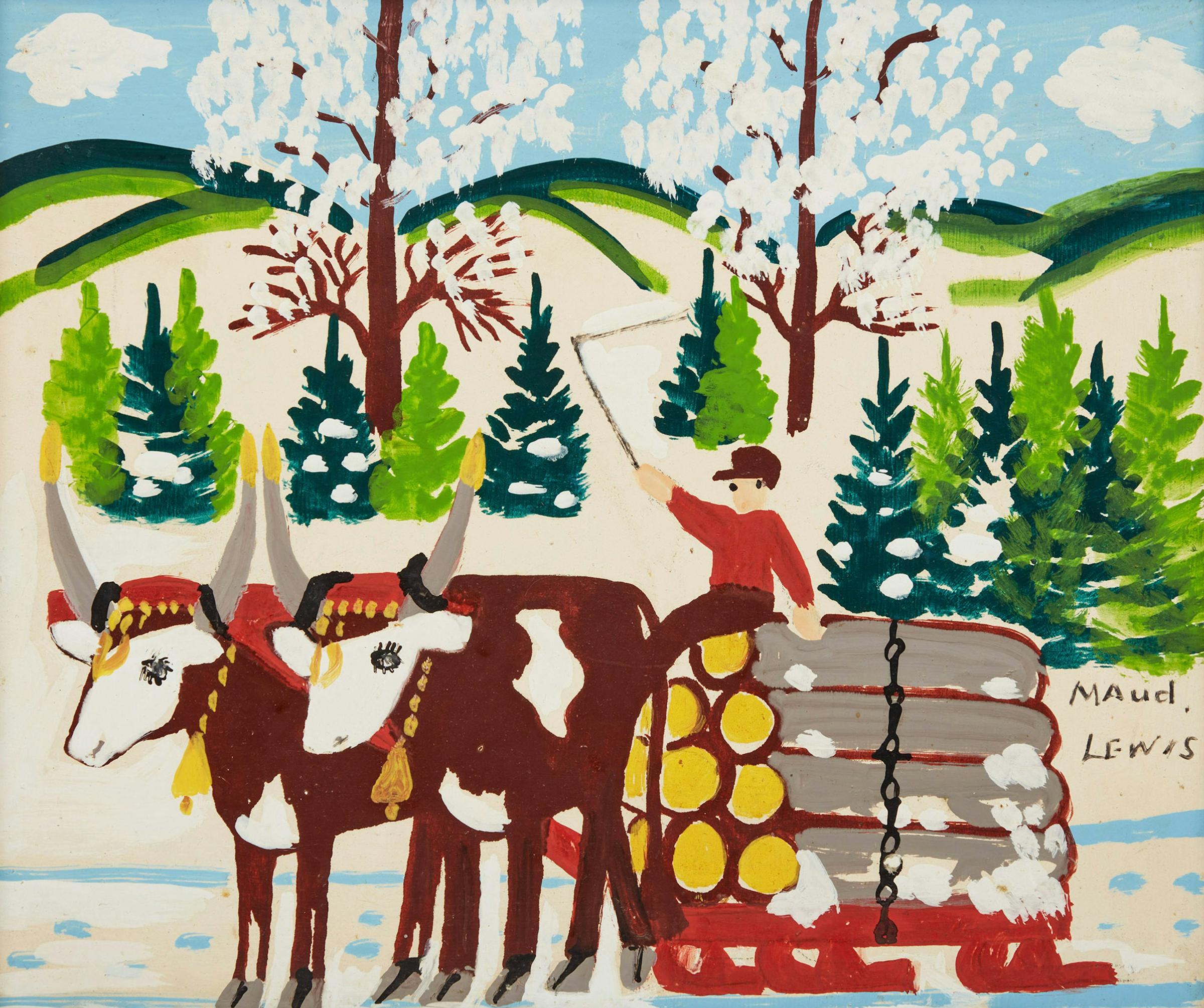 Maud Kathleen Lewis (1903-1970) - Oxen Pulling Logs, Winter