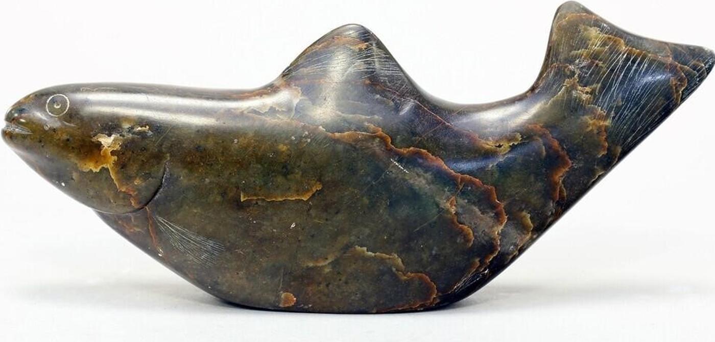 Elisapee Elizabeth Kdluak - A marbled brown-orange stone carving of a Fish