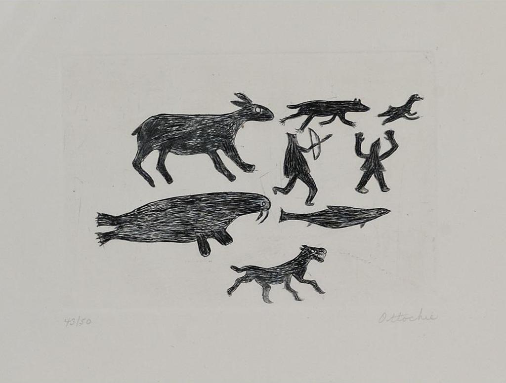 Ottochie Ashoona (1942-1970) - Untitled (Double Print Of Hunters And Animals)