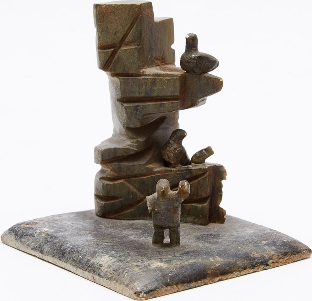 Daniel Kanatsiaq (1947) - Composition; Birds in Rookery & Figure Throwing Stones