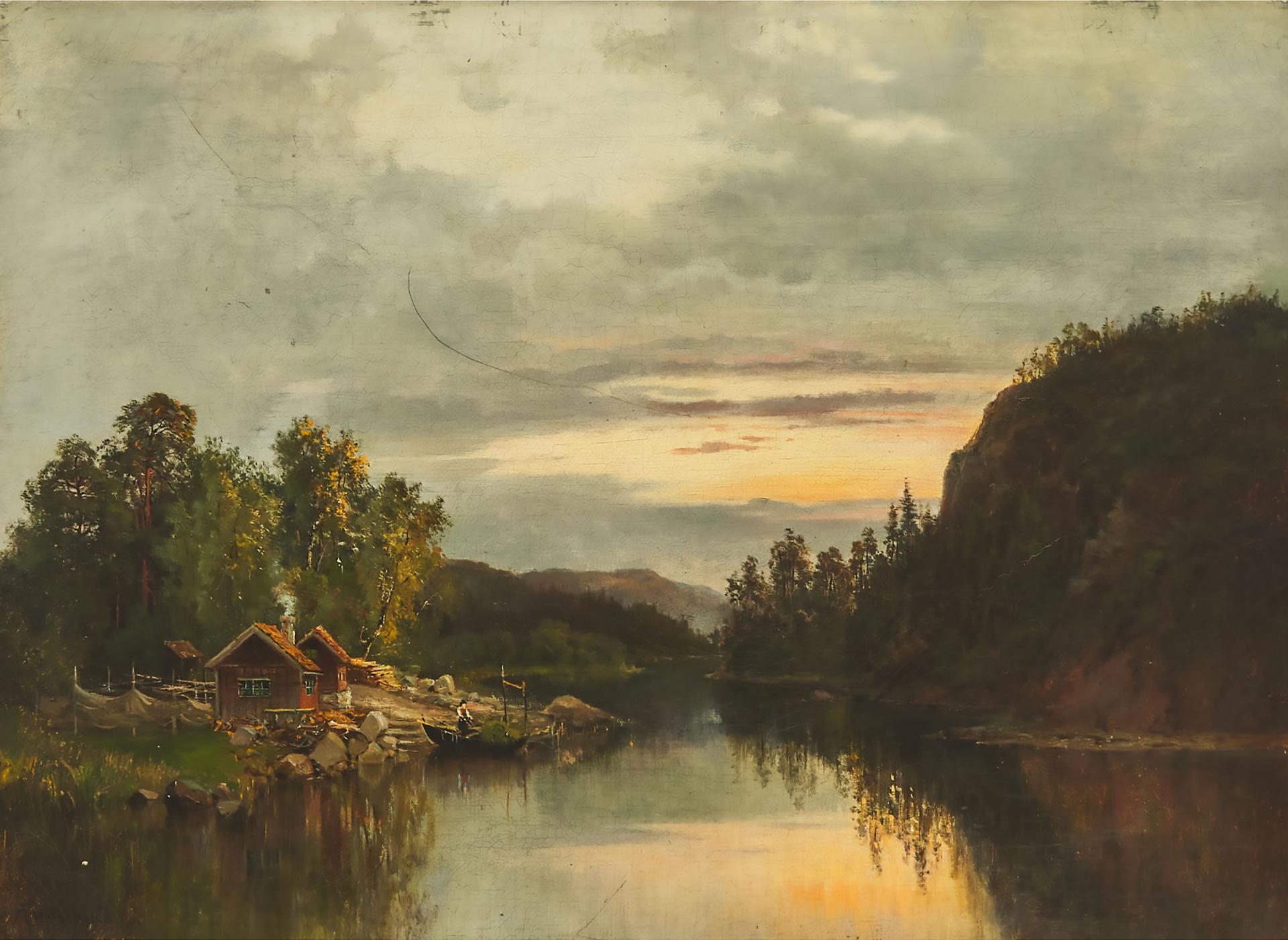 Josephina Holmlund - Swiss Chalet At Riverside With  A Woman Tending A Boat At Sunset, 1886