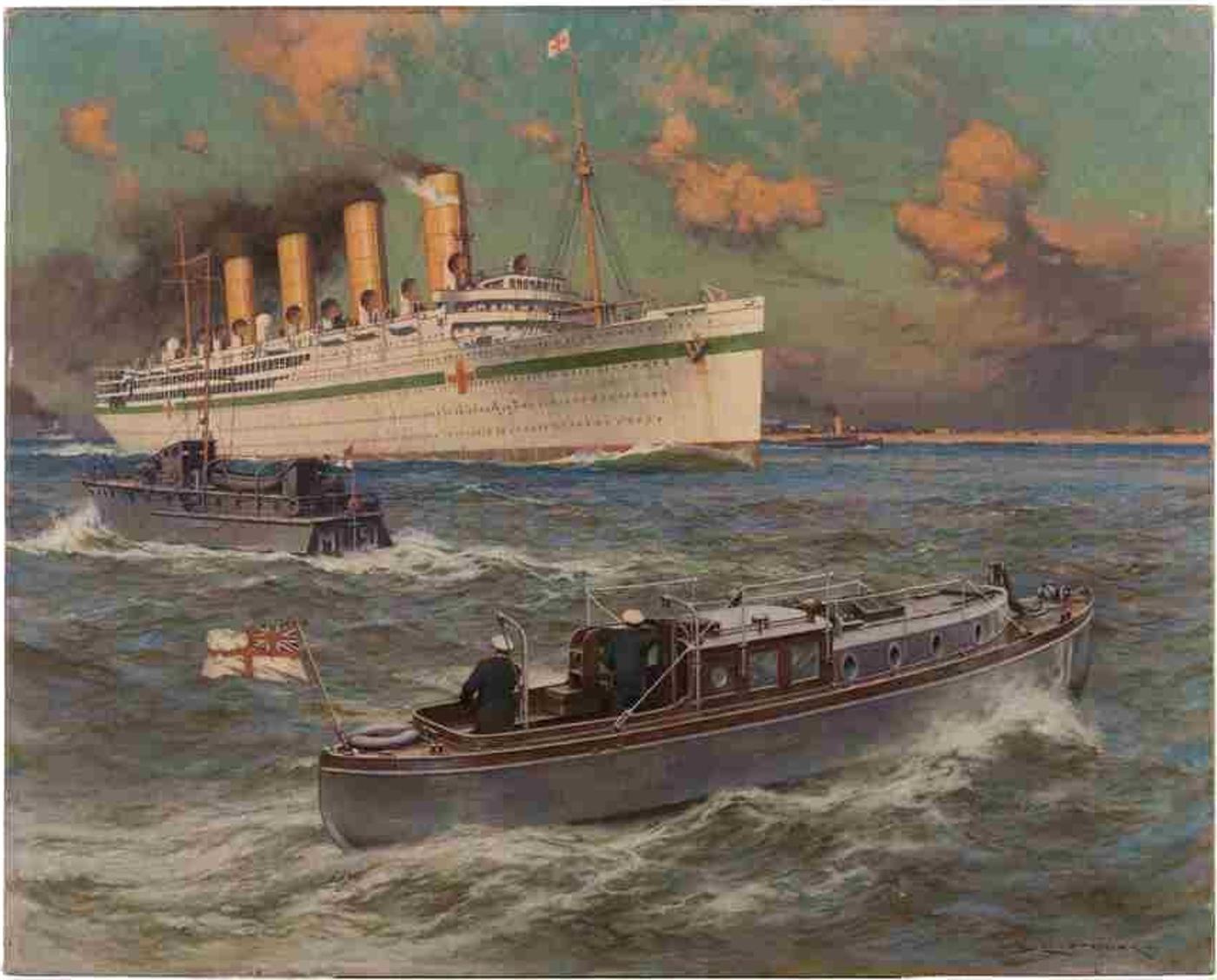Charles Murray Padday (1868-1954) - British Hospital Ship Under Escort (RMS Mauretania)