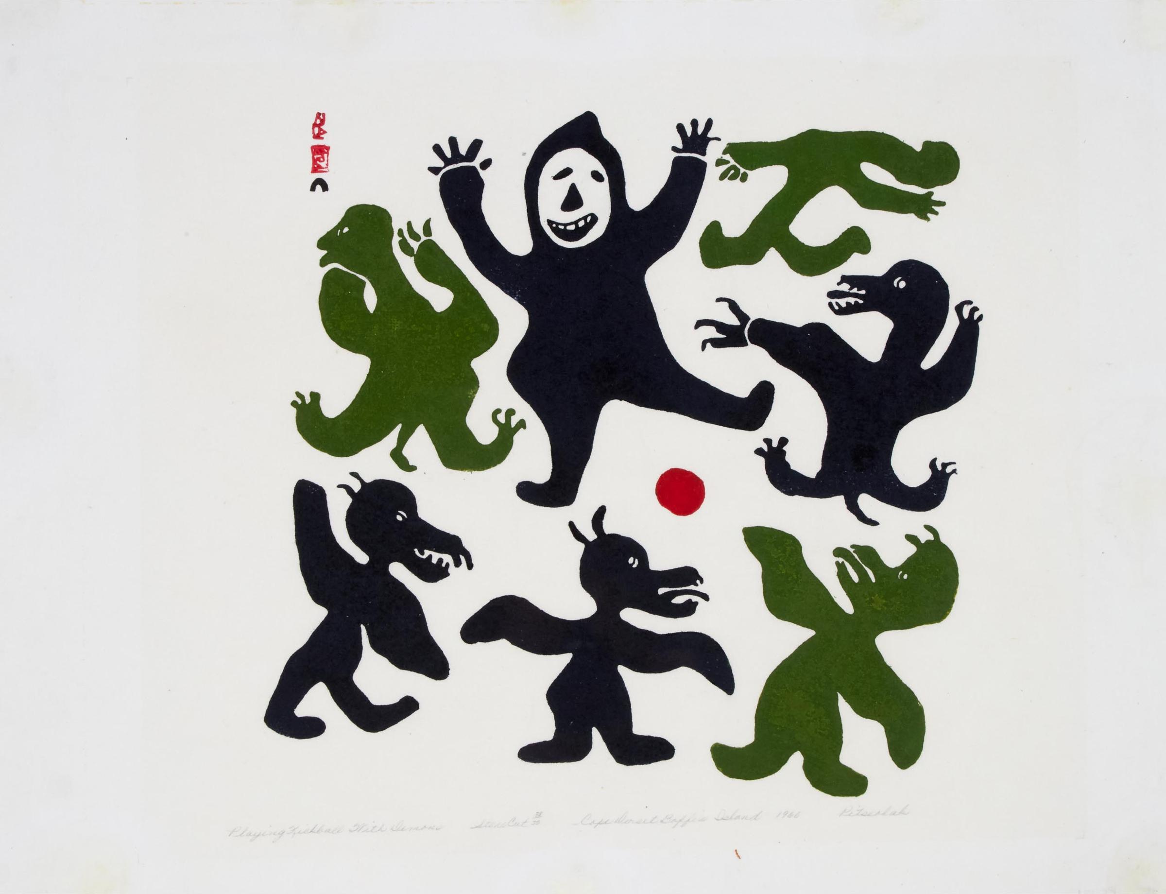 Pitseolak Ashoona (1904-1983) - Playing Kickball With Demons, 1960