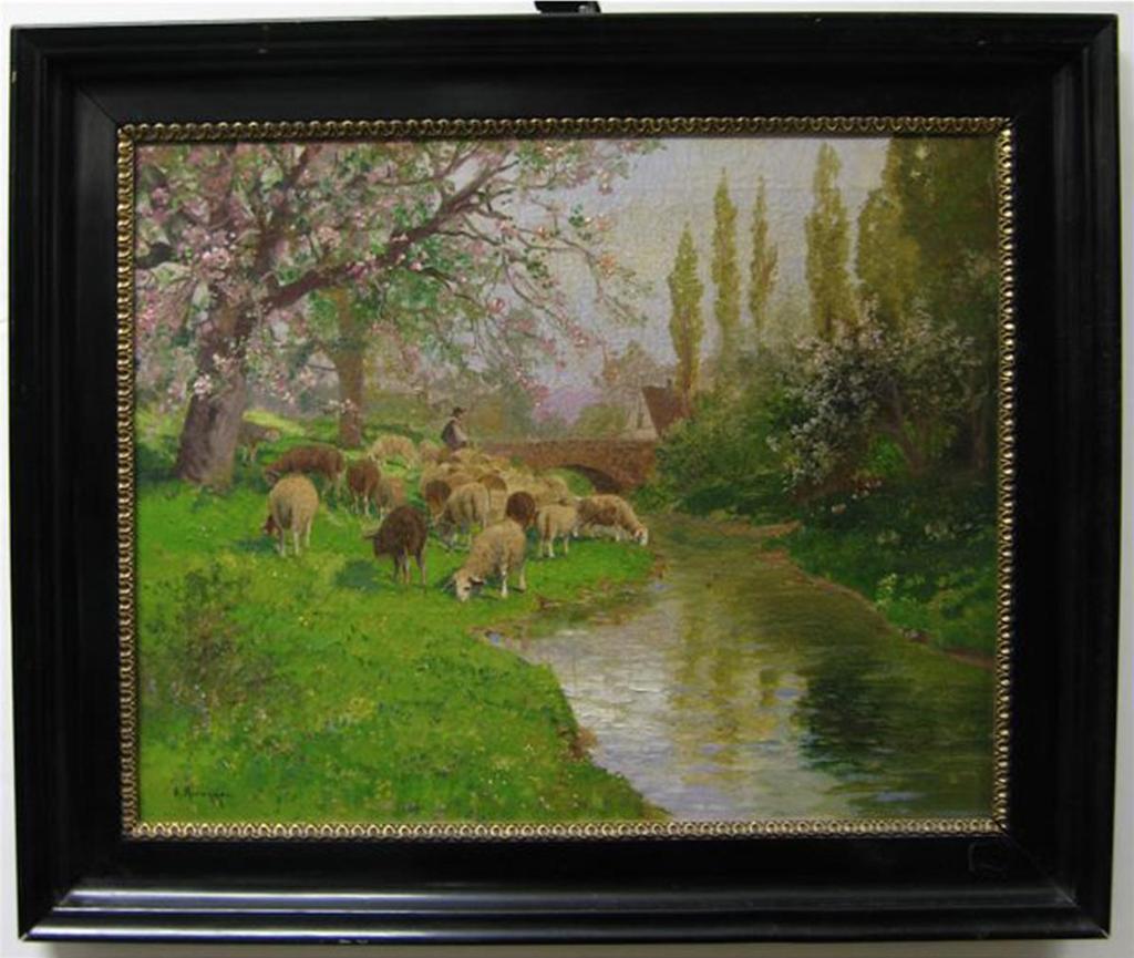 Alois Arnegger (1879-1967) - Spring Landscape With Shepherd And Flock By A River