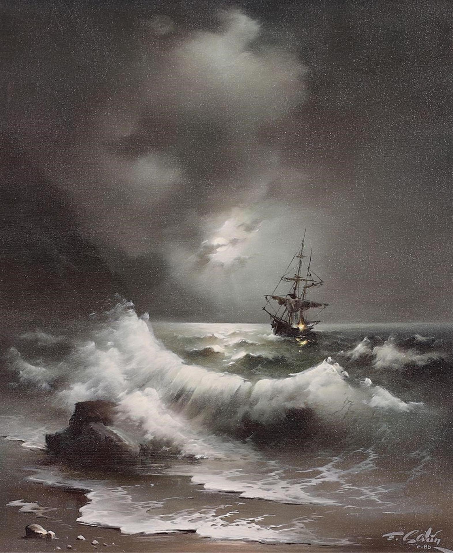 Eugene Garin (1922-1994) - Ship On A Moonlit Sea With Crashing Waves; 1986