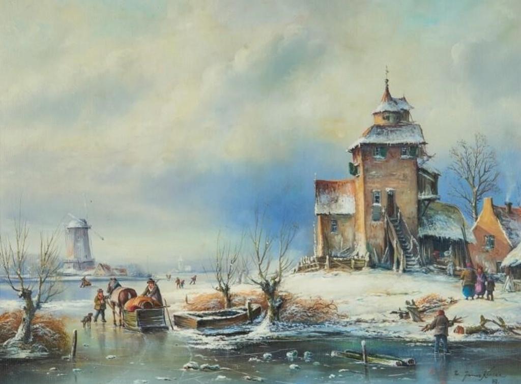 Janez Kenzer (1930) - Winter Scene, Netherlands