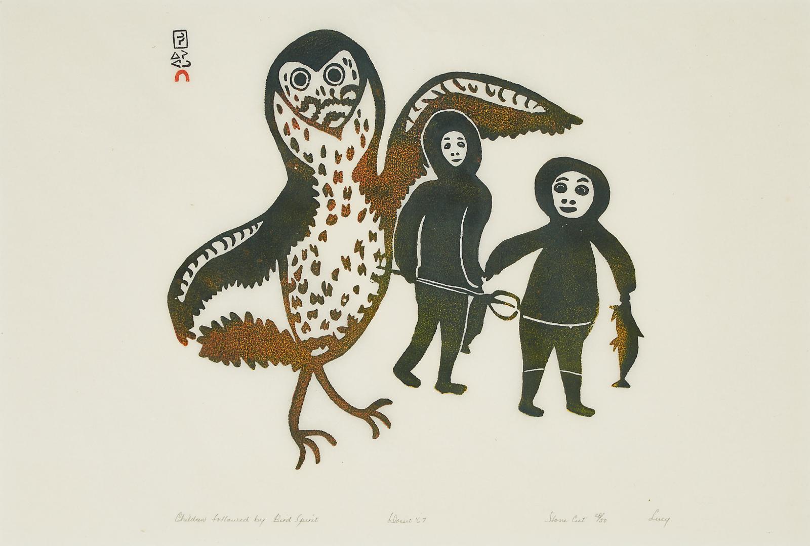 Lucy Qinnuayuak (1915-1982) - Children Followed By Bird Spirit