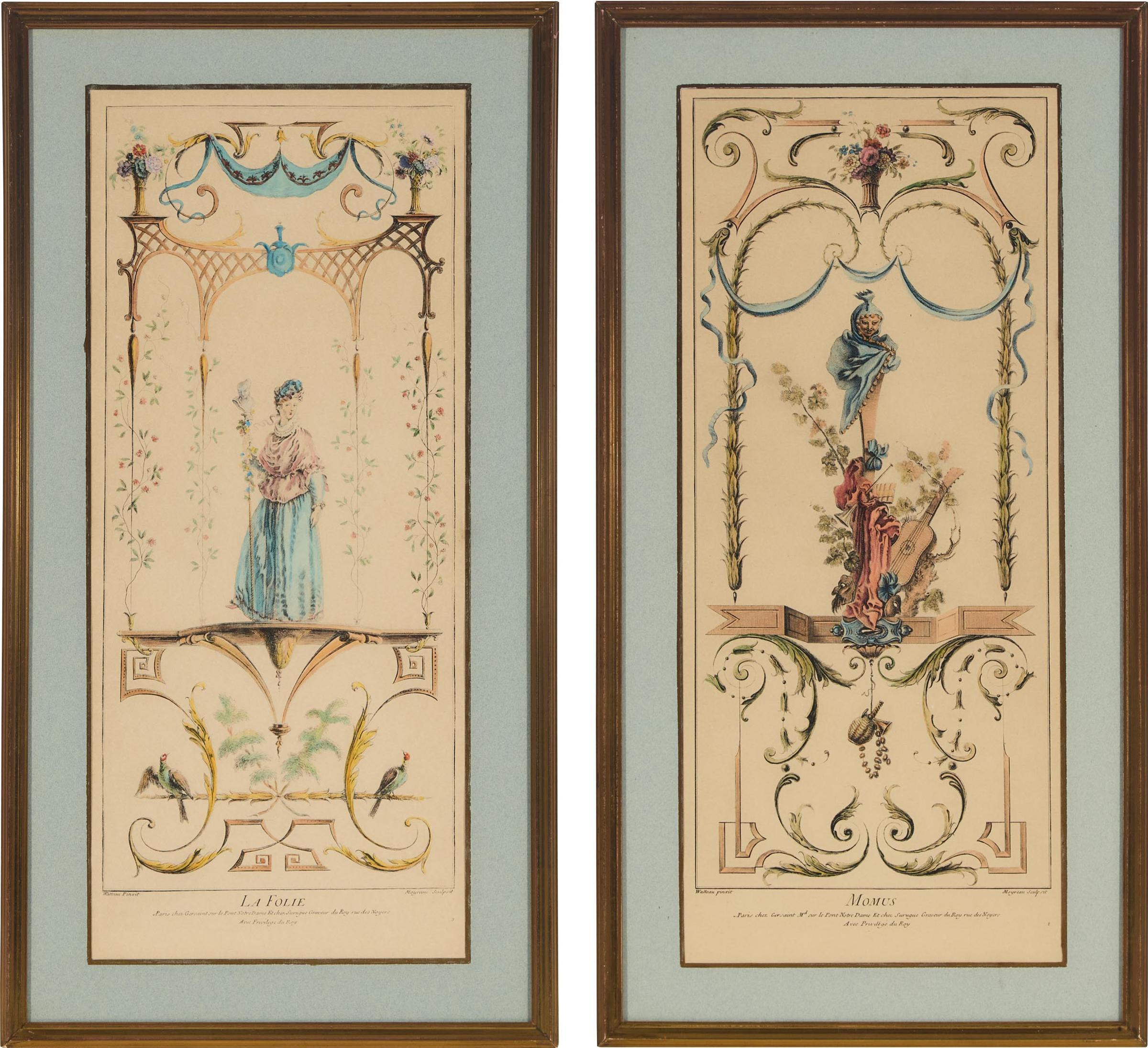 Pair of French Ornamental Engravings By Jean Moyreau (1691) - La Folie & Momus