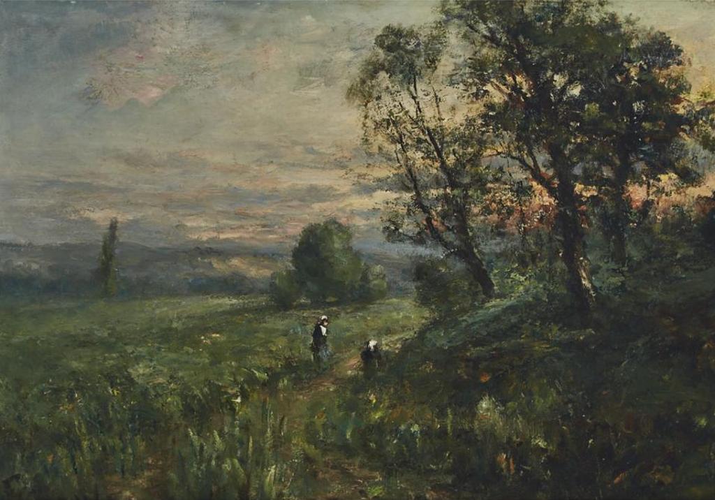 Charles Wellington Boyle (1861-1925) - Lush Landscape With Children On Hillside At Sunset