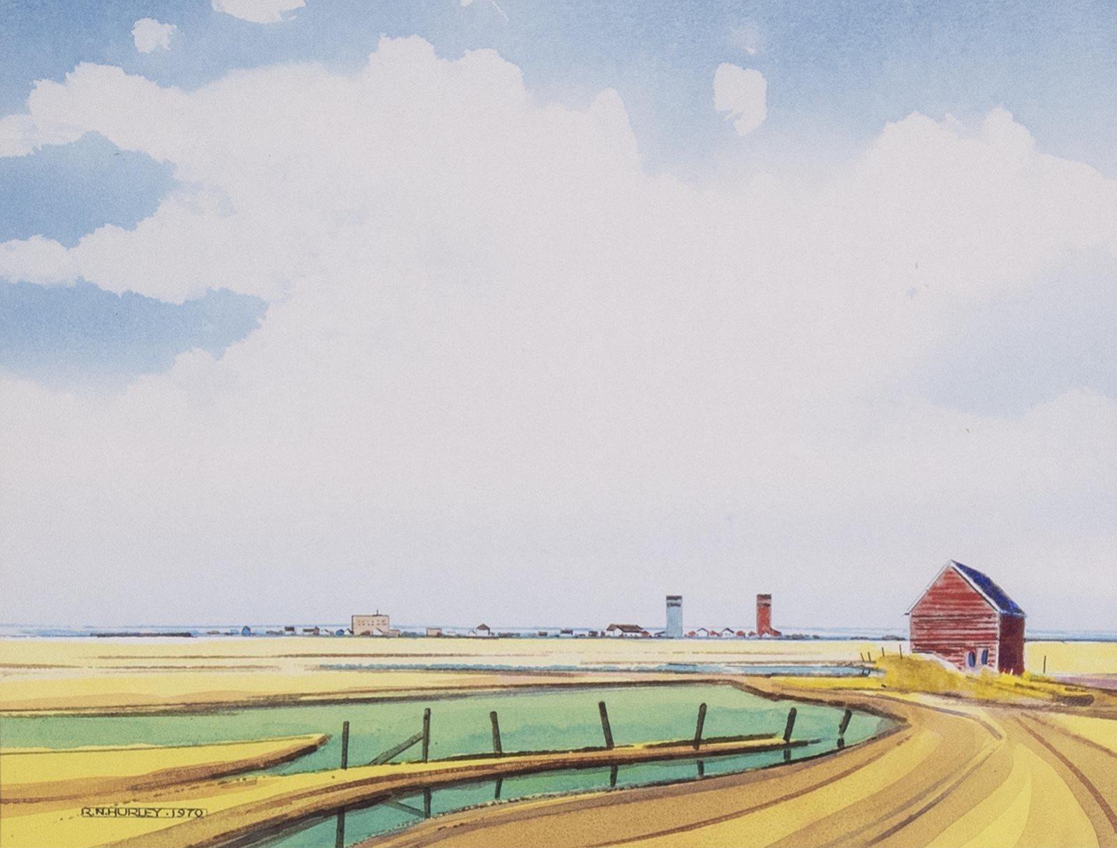 Robert Newton Hurley (1894-1980) - Red Barn And Distant Prairie Town; 1970