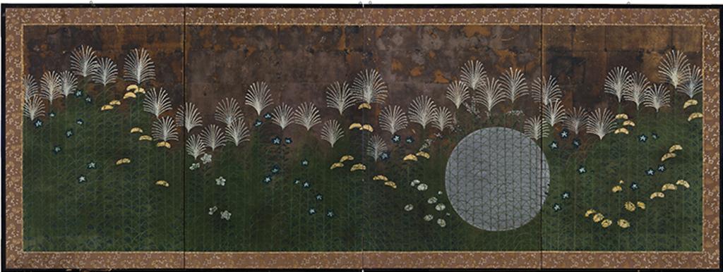 Japanese Art - Rimpa School Style Four Panel Folding Screen Florals at Night, Meiji Period (1868-1913)