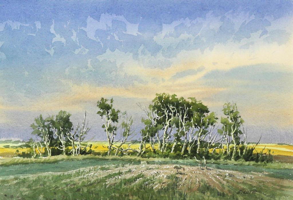 Ernest (Ernie) Luthi (1906-1983) - Prairie Scene With Grazing Cranes