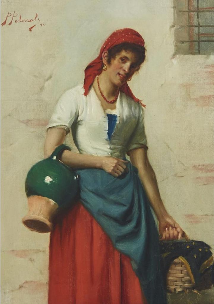 Pietro Pederzoli (1889-1975) - Maid Dusting; Woman With Water Jug And Basket Going To Market, 1890