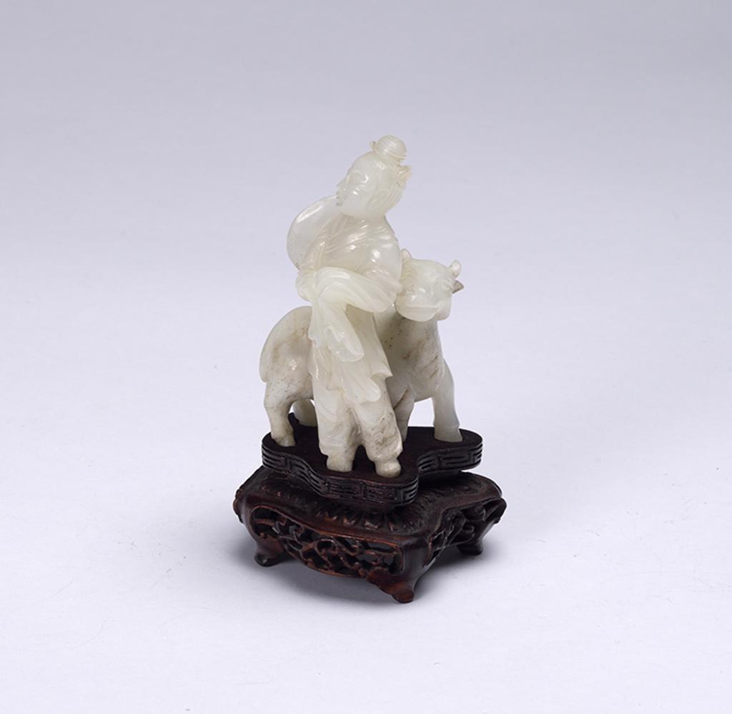 Chinese Art - A Chinese Mutton Fat White Jade Lady and Goat Group, 19th Century