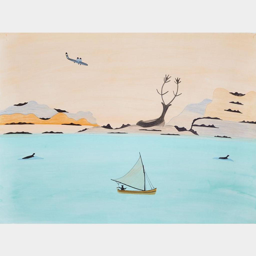 Pudlo Pudlat (1916-1992) - Untitled (Landing In Cape Dorset With Caribou, Man In Boat And Seals On Floe)