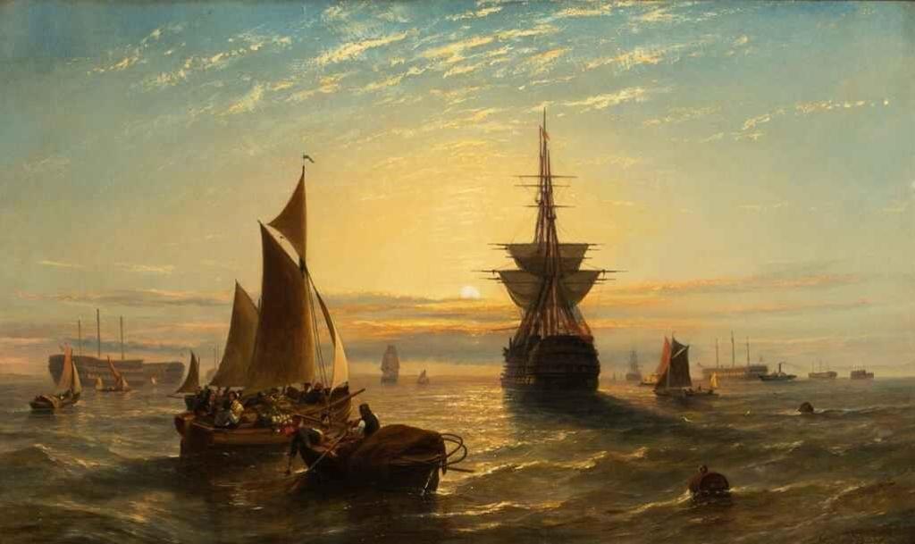 William Clarkson Stanfield (1793-1867) - Men-o-War and other craft on the Medway at Sunset