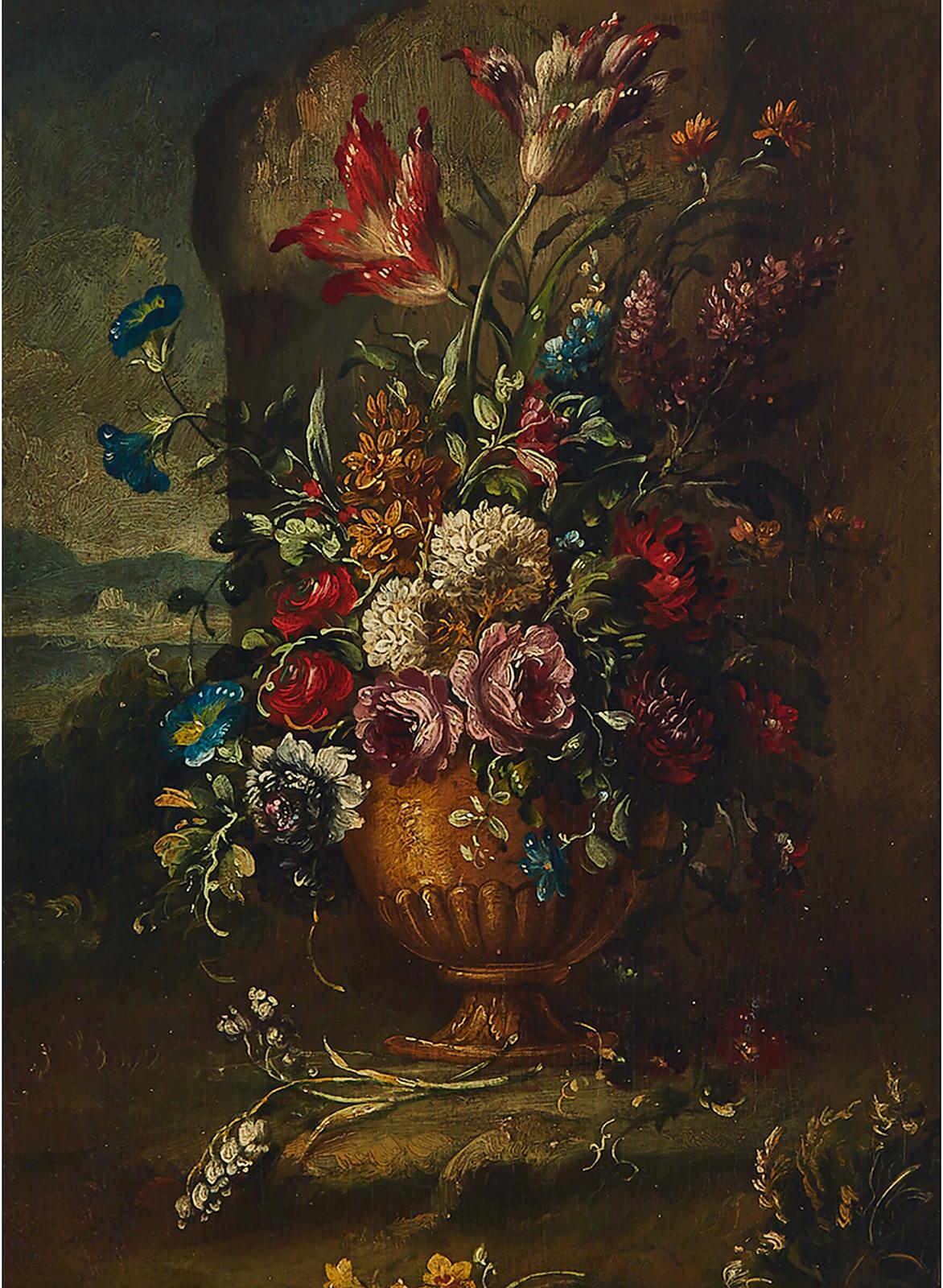 European - Floral Still Lifes In Urns In A Landscape (A Pair)