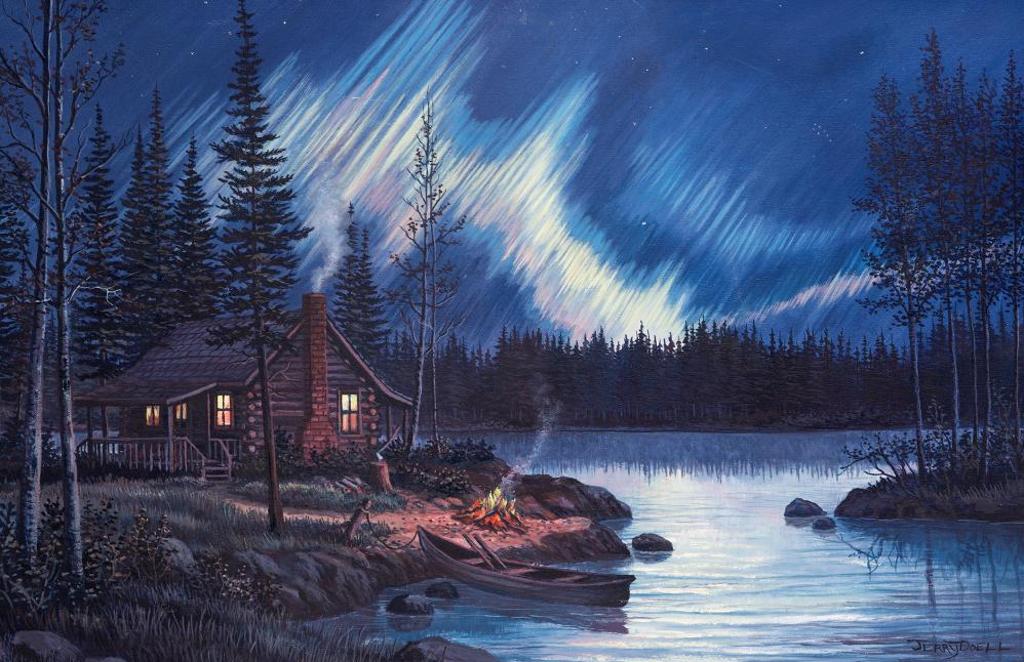Jerry Doell (1938-2005) - Untitled - Log Cabin and Northern Lights