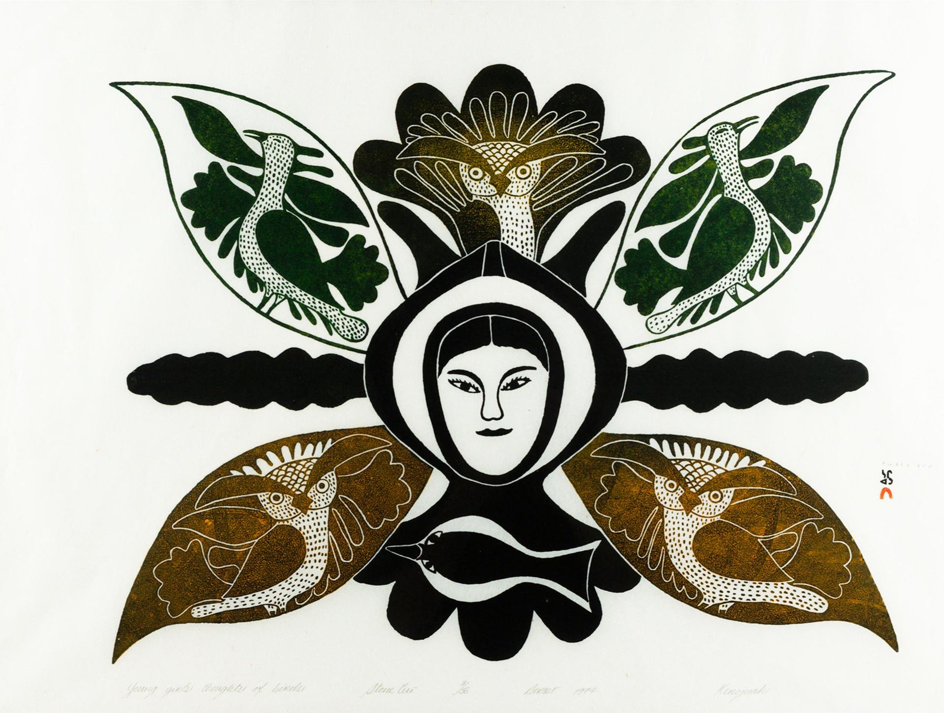 Kenojuak Ashevak (1927-2013) - Young Girl's Thought Of Birds, 1974
