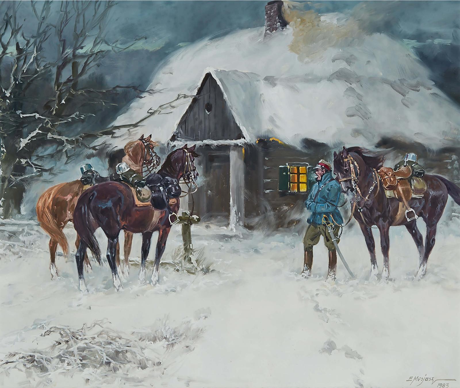 Edward Mesjasz (1929-2007) - Officer And Horses Outside Post