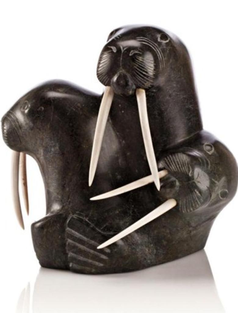 Osuitok Ipeelee (1923-2005) - Walrus Composition, 1979, Grey-green stone and ivory