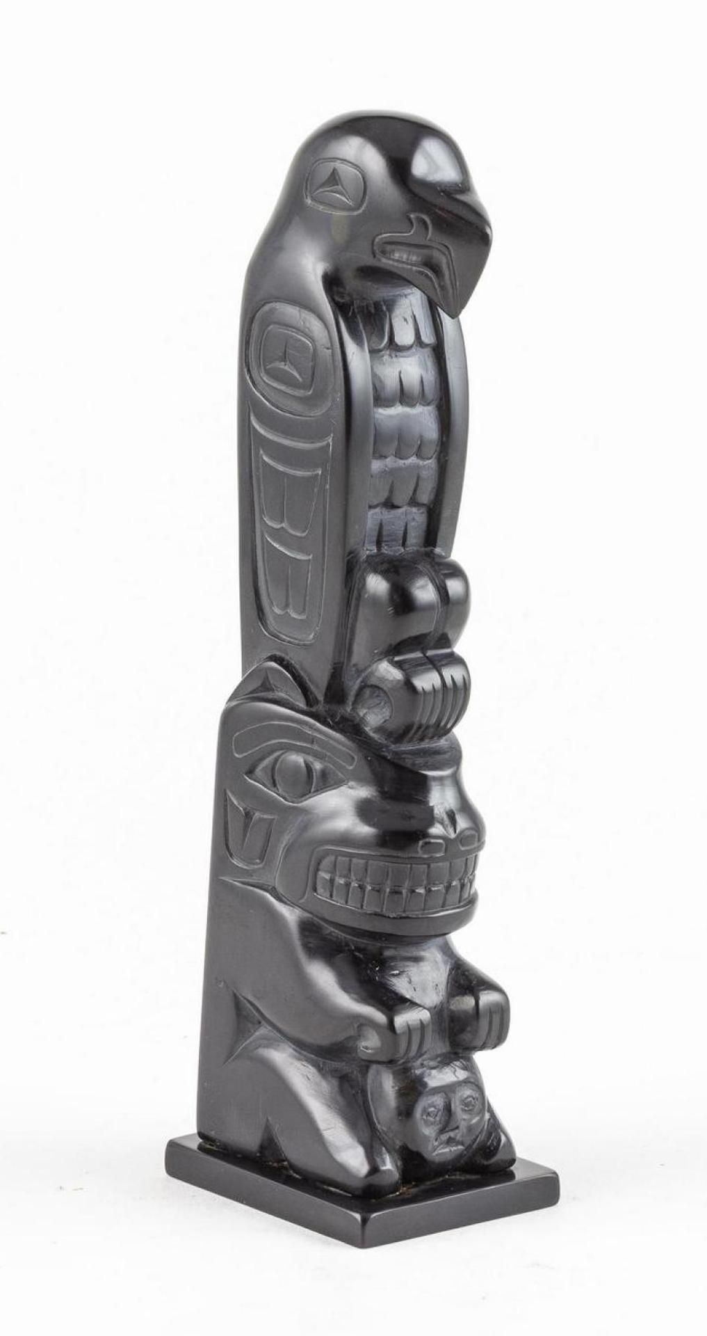 Dave Hunter - a carved argillite totem pole depicting Eagle and Bear
