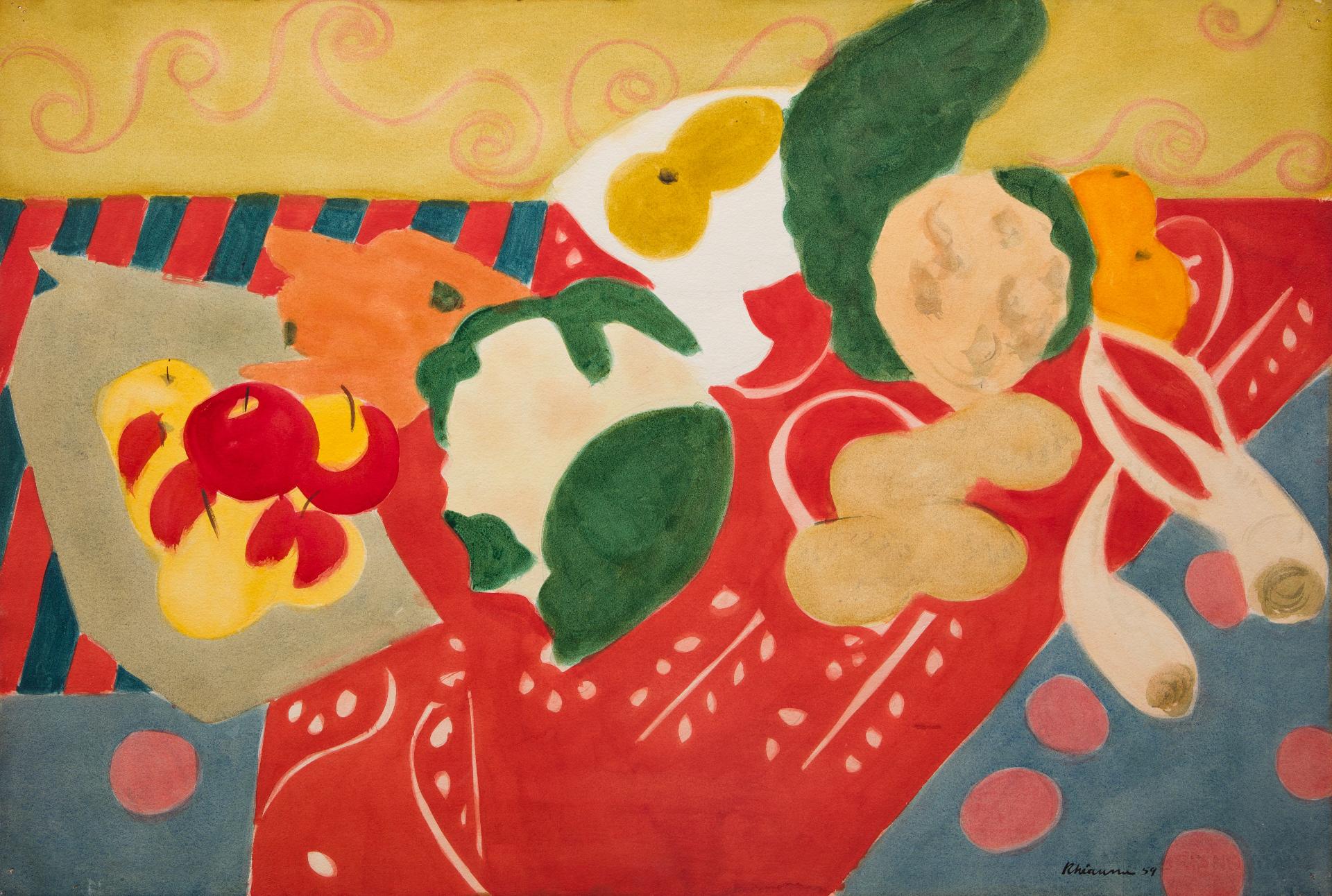 Jeanne Rhéaume - Sans titre / Untitled (Fruits sur nappe rouge), 1959
