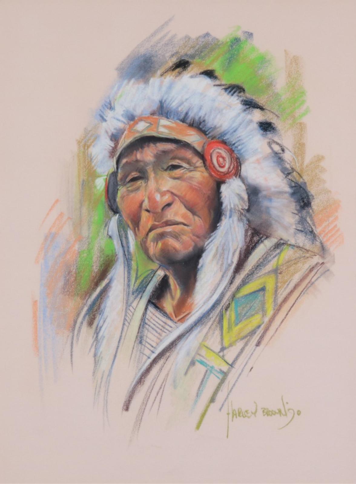 Harley W. Brown (1939) - Portrait Of A Chief In Headdress; 1990