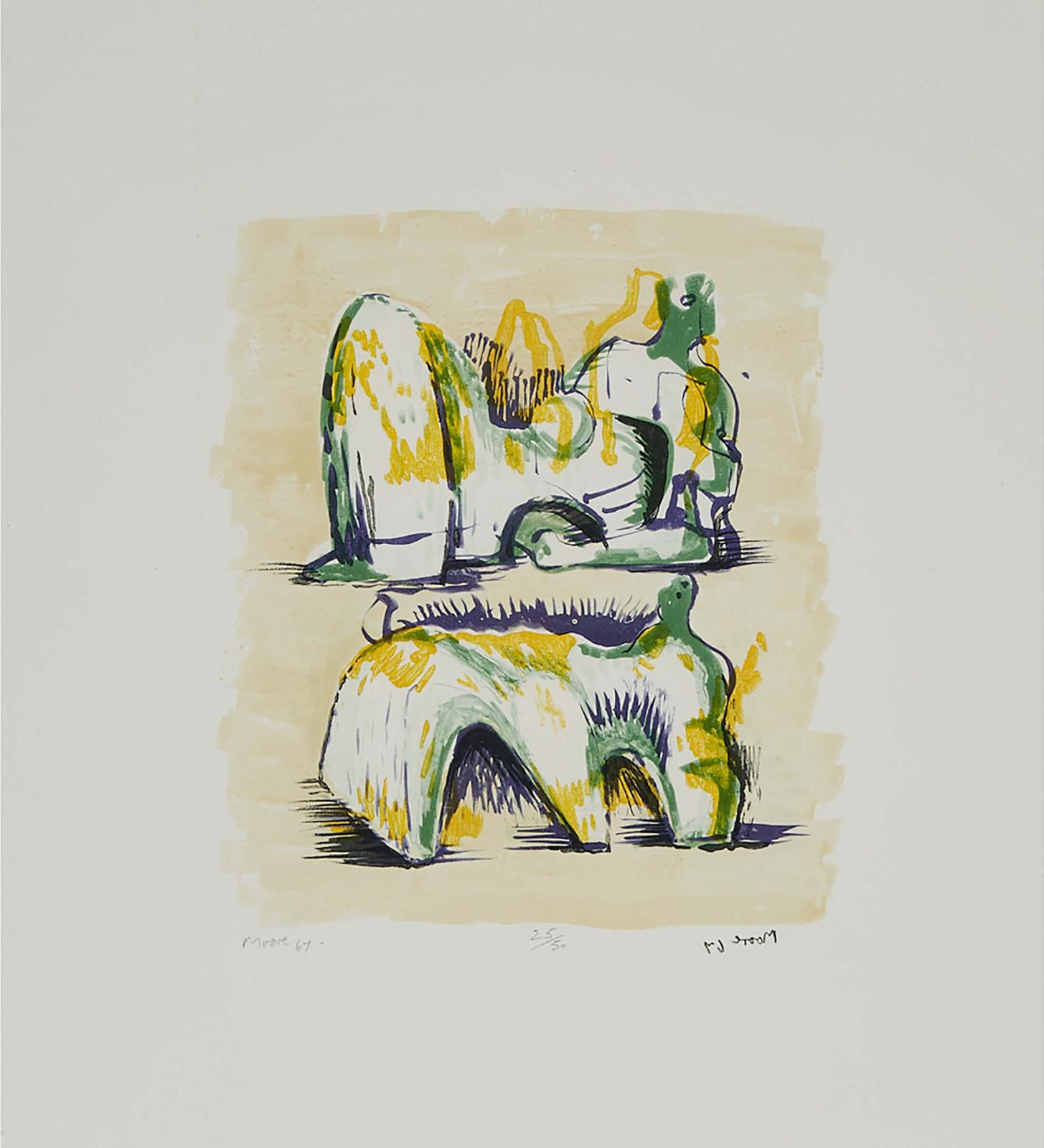 Henry Spencer Moore (1898-1986) - Two Reclining Figures In Yellow And Green (From Meditation On The Effigy), 1967  [cramer, 74]