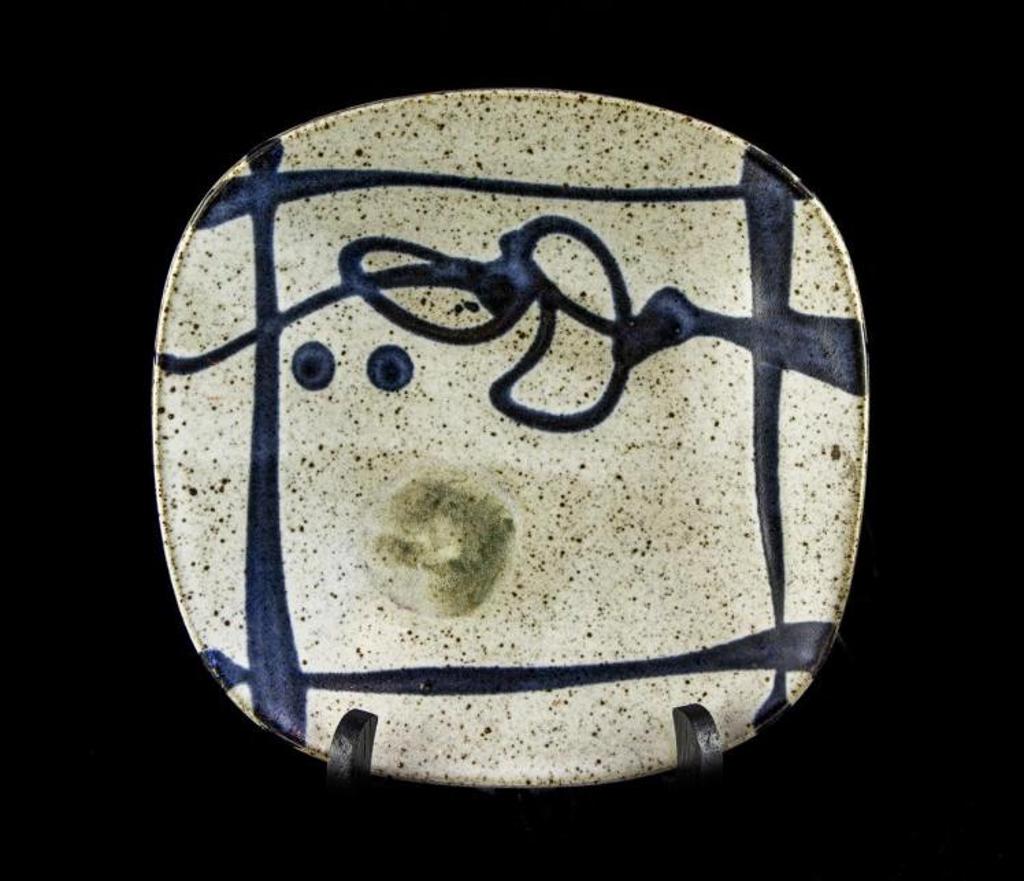 Wayne G. Ngan (1937-2020) - a square ceramic slab plate having a grey glaze with black design