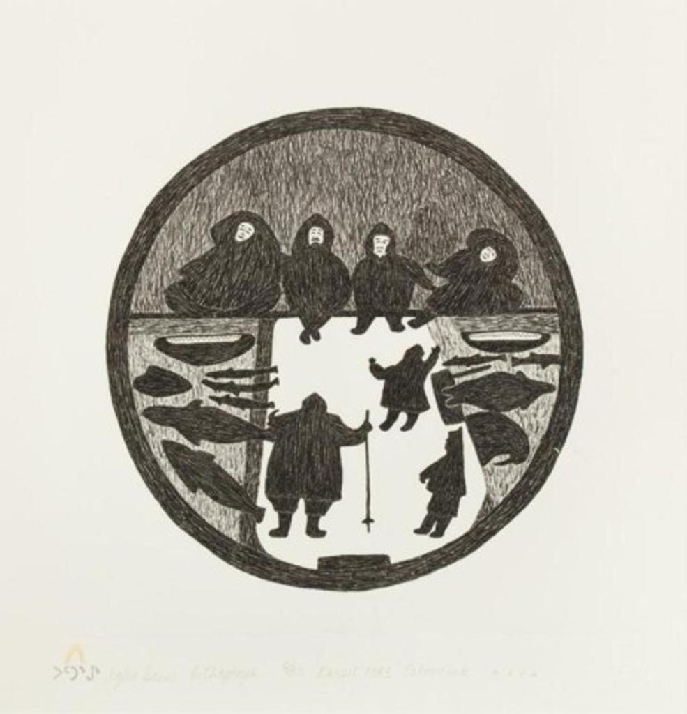Oshutsiak Pudlat (1908-1992) - Igloo Scene, 1983 L2, lithograph, 8/50, 14.5 x 14 in, 36.8 x 35.7 cm sight, 24 x 23.5 in, 61 x 60 cm framed