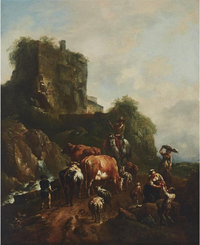 Johann Christian Brand (1722-1795) - Italianate Landscape With Ruin,  And A Gathering Of Herdsmen With Their Cattle, Sheep, Dogs And A Washerwoman At Right