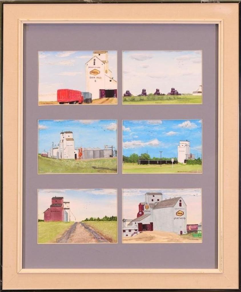 Vivian Wickwire - Untitled, Prairie Scenes with Grain Elevators (Birch Hills; Marcelin; Duck Lake; Parkside; Kinistino; Spiritwood)