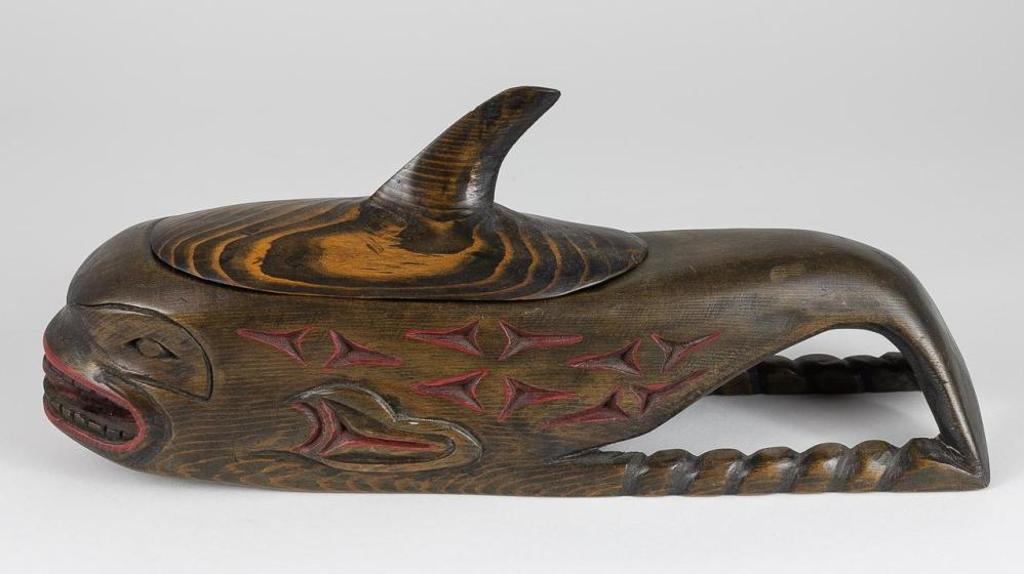 Jane Marston - a carved and stained cedar lidded Whale bowl