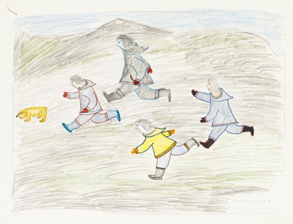Eleesapee Ishulutaq (1925-2018) - Untitled (Four Inuit Chasing a Bear)