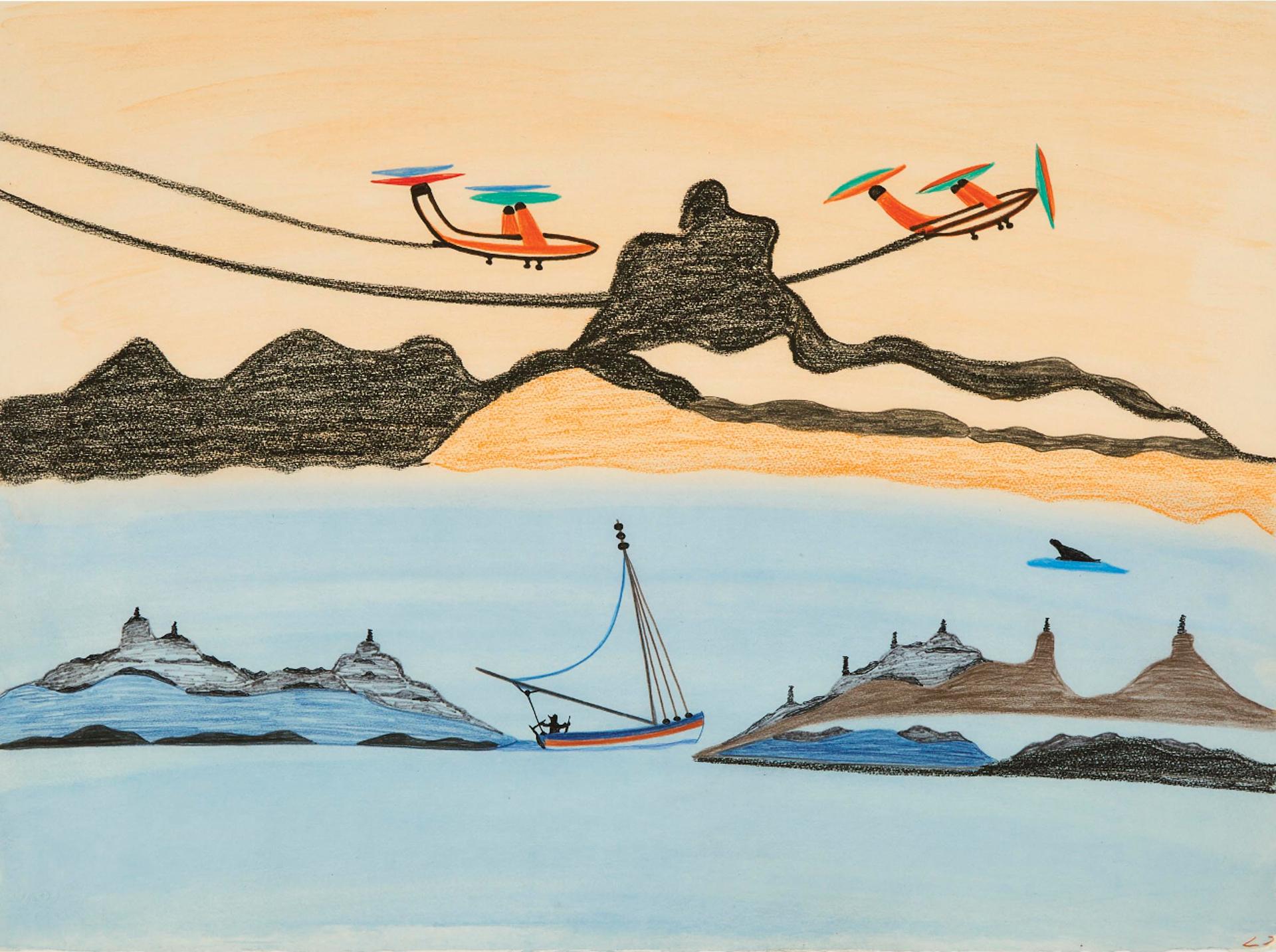 Pudlo Pudlat (1916-1992) - Untitled (Airplanes Above The Harbour), Ca. 1980