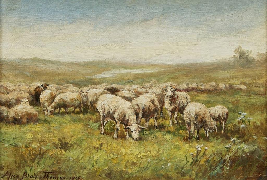 Alice Blair Pollard Thomas (1857-1945) - Sunset (1918); Leaving the Village (1915); Farm House; Grazing Sheep (1915)