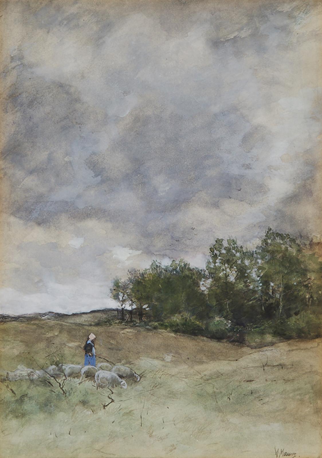 Anton Mauve (1838-1888) - Shepherd Girl And Sheep In A Field