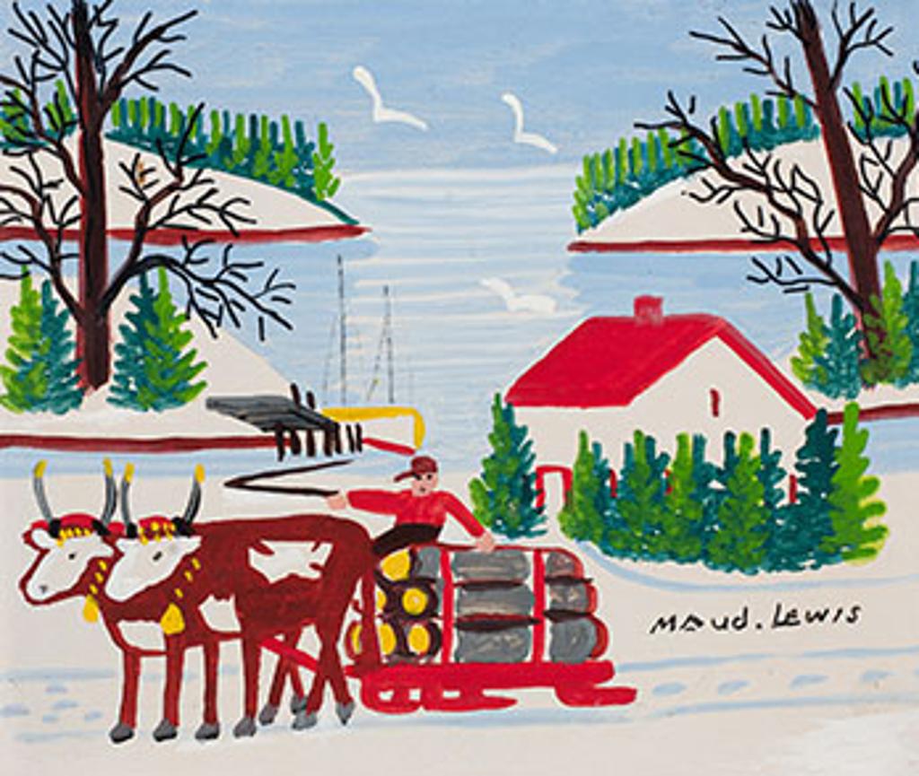Maud Kathleen Lewis (1903-1970) - Oxen Hauling Logs, Winter