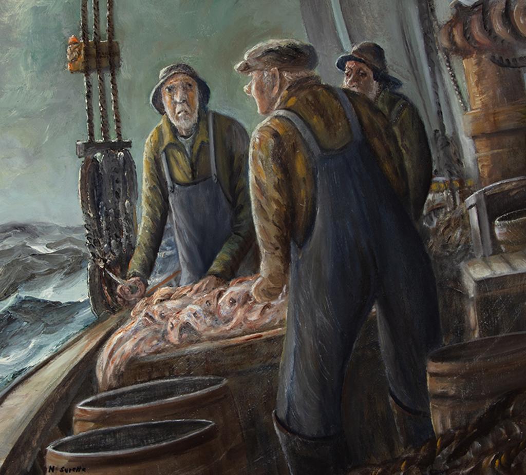 Nelson Surette (1920-2004) - Dressing Fish on Deck of Schooner