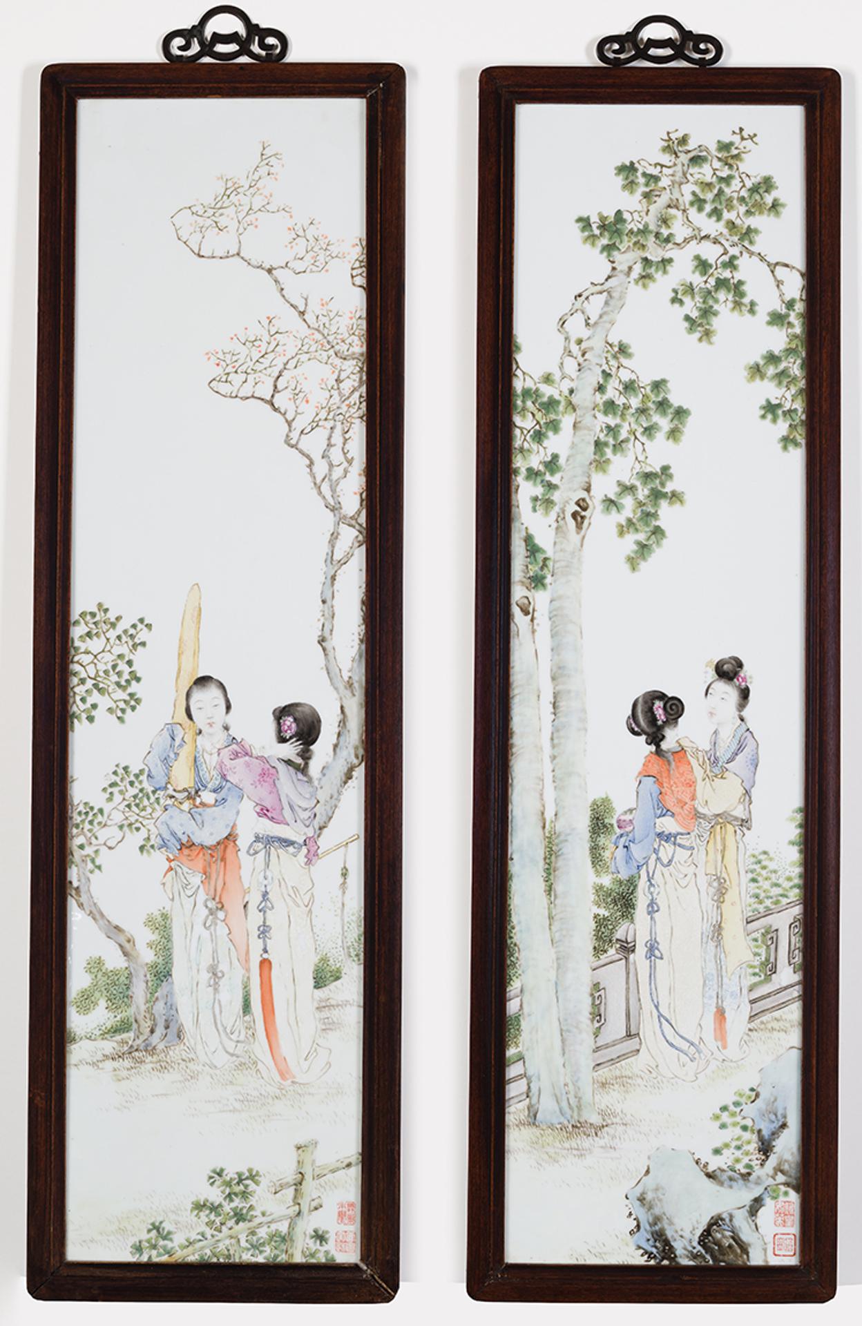 Chinese Art - A Rare Pair of Famille Rose Porcelain Figural Panels, by Wang Qi, c. 1920