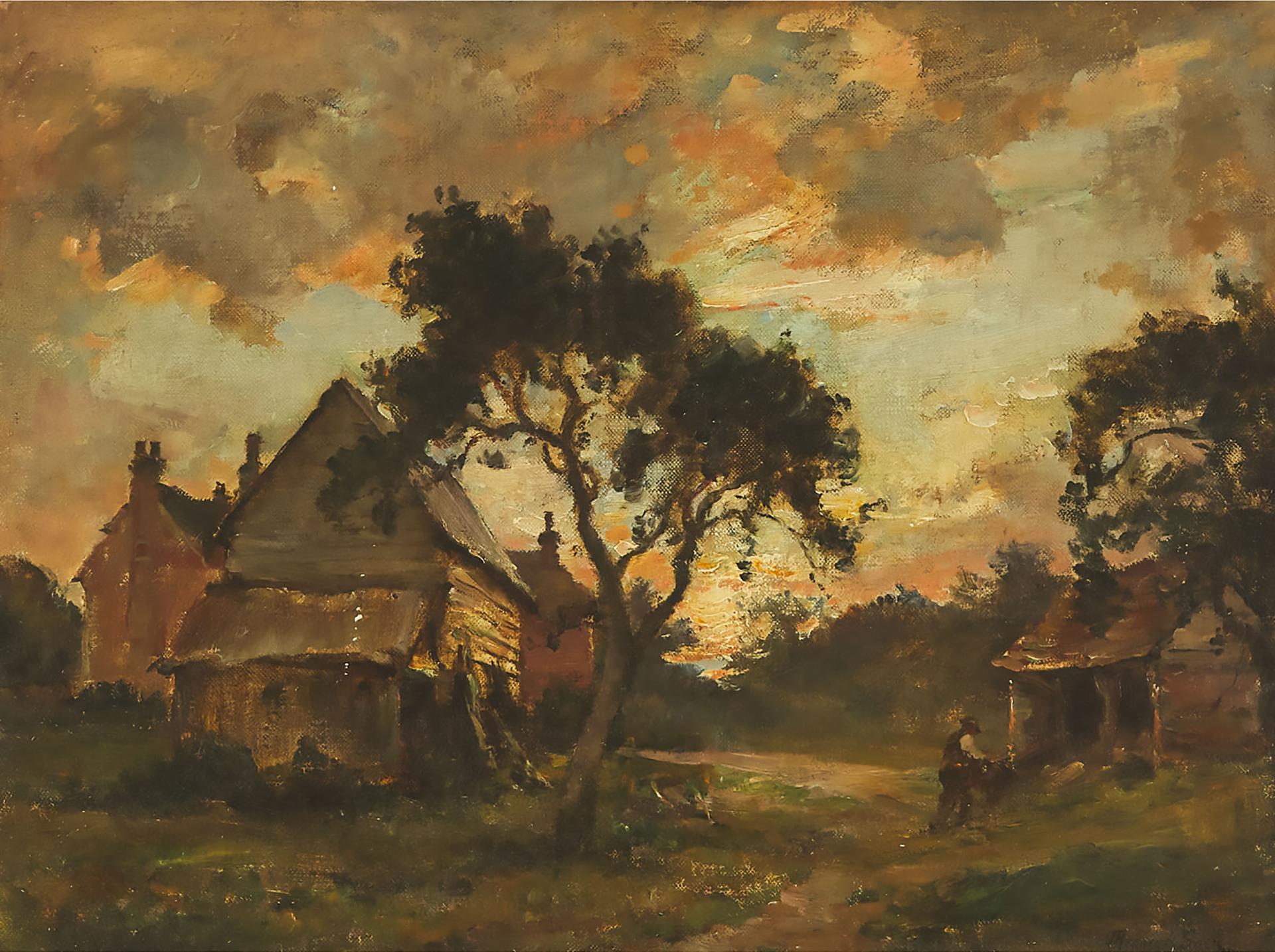 James Herbert Snell (1861-1935) - Farmers Working In The Farmyard At Sunset