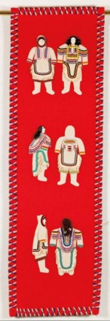 Martha Ikiperiak Eekerkik (1912-1979) - A wall hanging depicting three couples in traditional clothing, ca. 1975-76, duffle, fabric, caribou skin, antler, beads, wool yarn and thread, 56.5 x 17.5 in, 143.5 x 44.5 cm