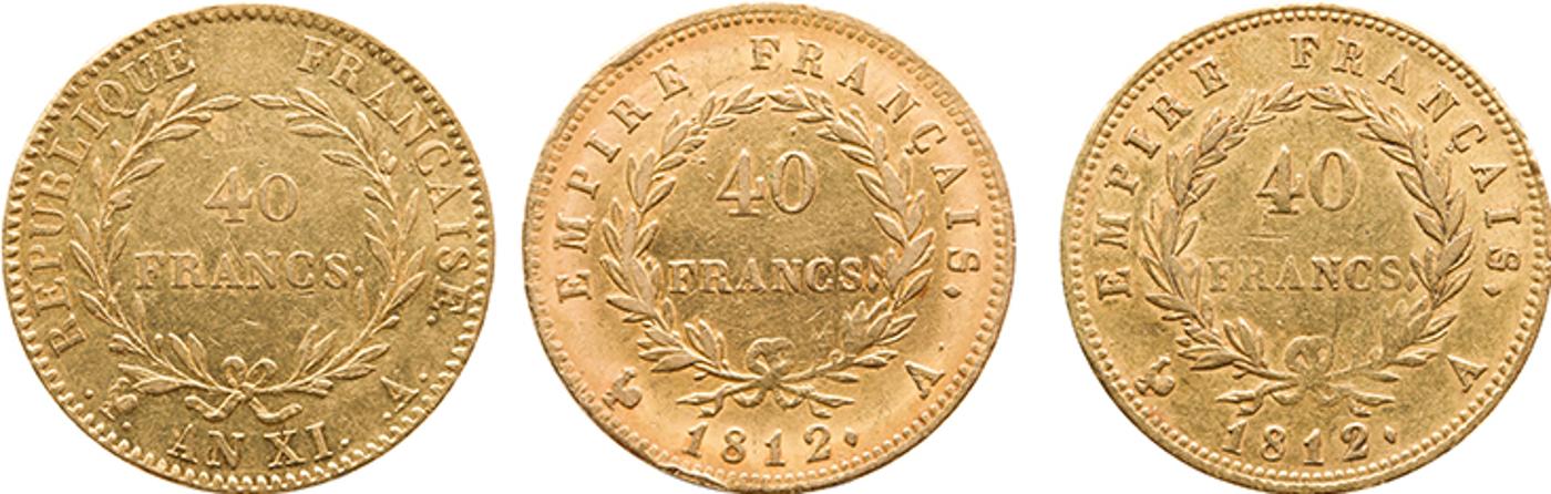 France - Lot of Three Napoleon Gold 40 Francs, as Emperor and First Consul, L'An XI (1802/1803) A, and 2 x 1812 A