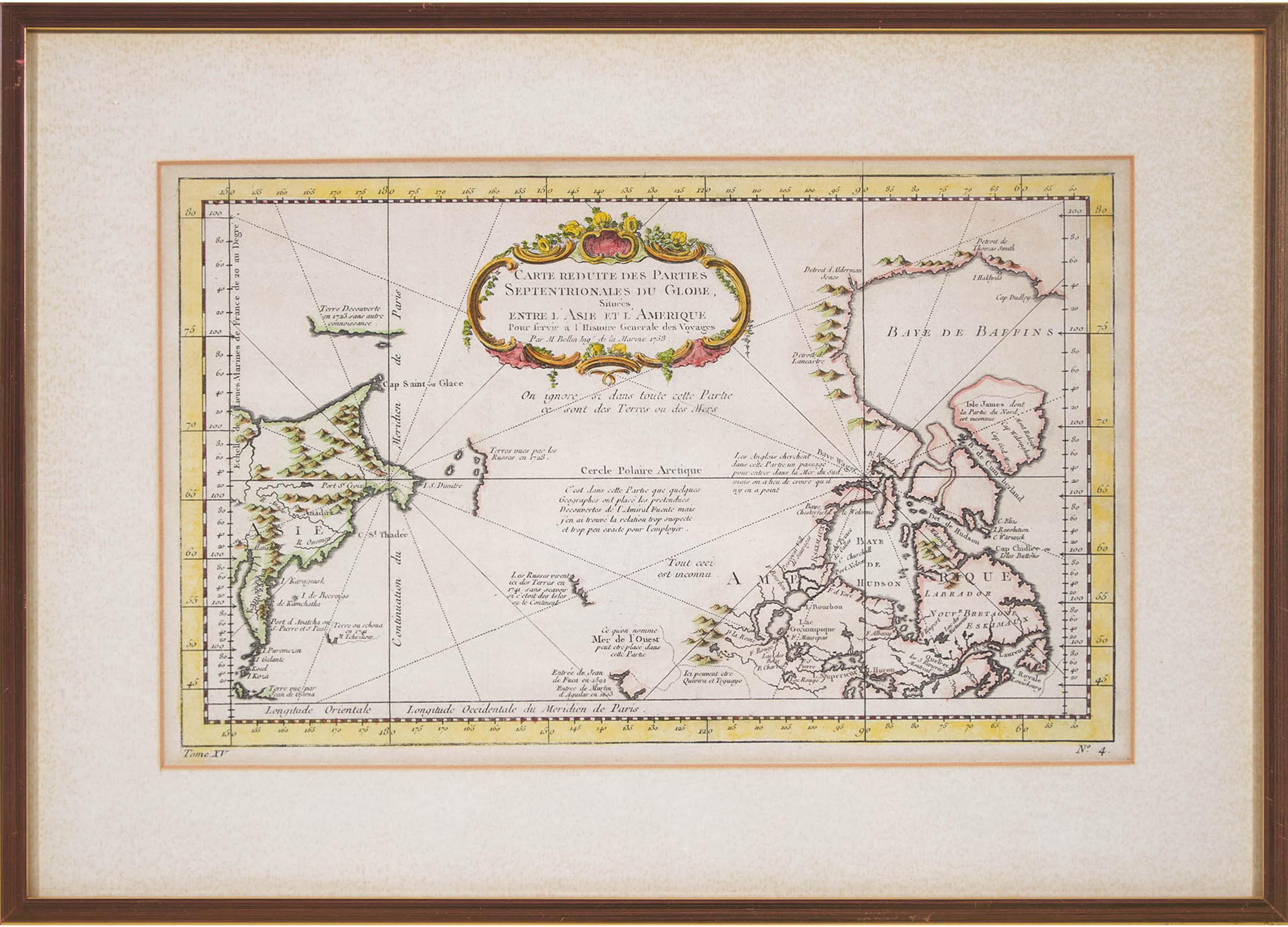 Jacques Nicholas Bellin (1703-1772) - Carte Reduite Des Parties Septentrionales Du Globe Entre L'asie Et L'amerique, Paris, 1758