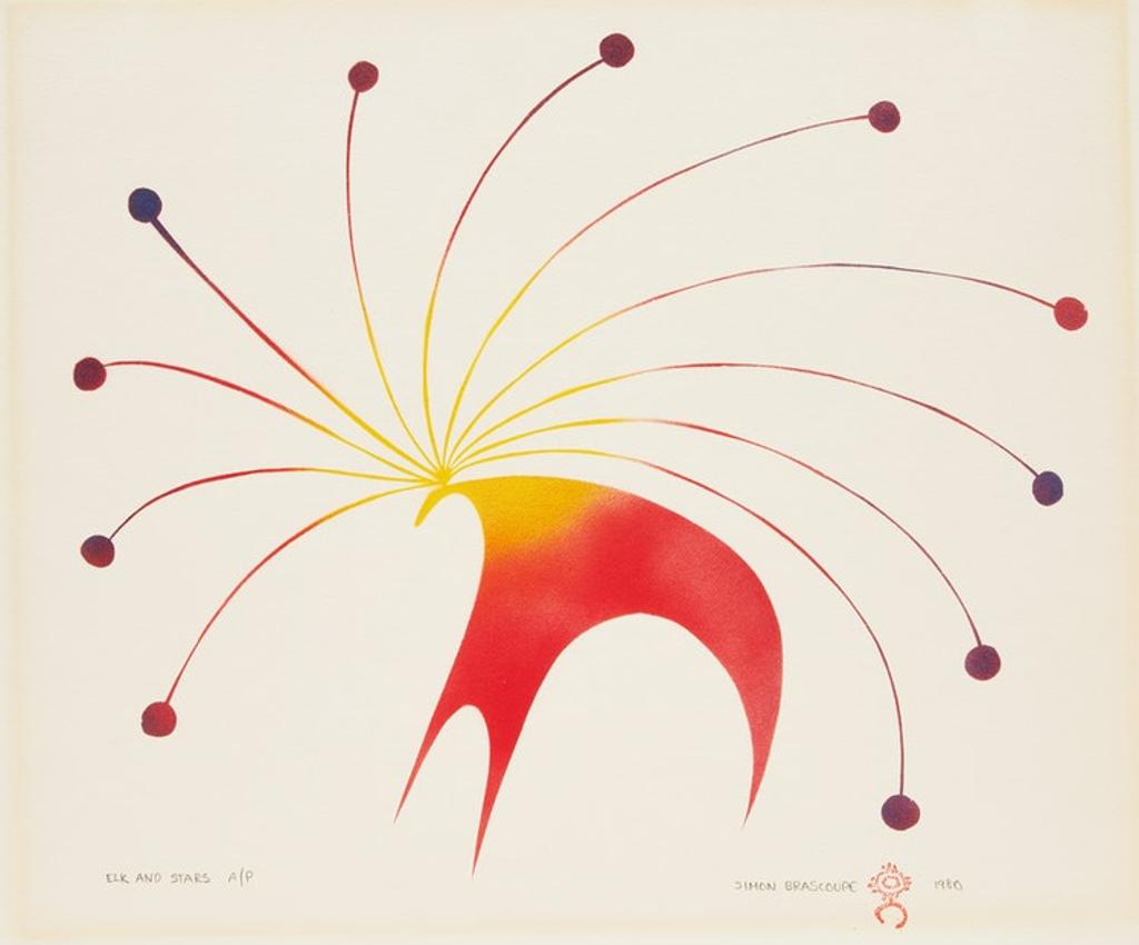 Simon Brascoupe (1948) - Elk, Owl and Sun; Elk and Stars