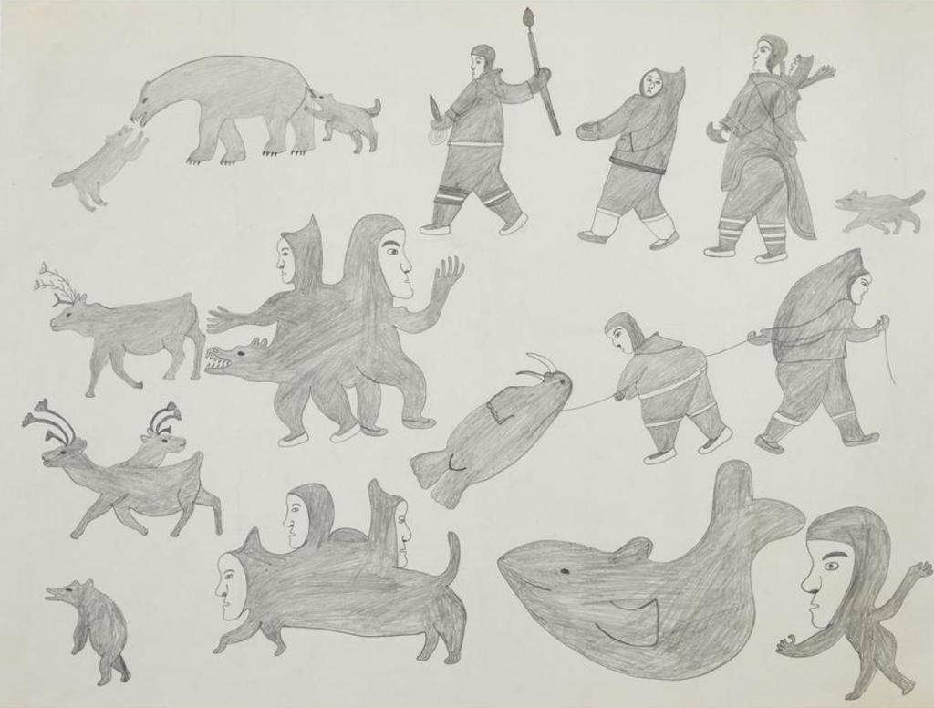 Samuellie Tunnillie (1918) - Untitled (Composition With Spirits, Arctic Animals And Figures)