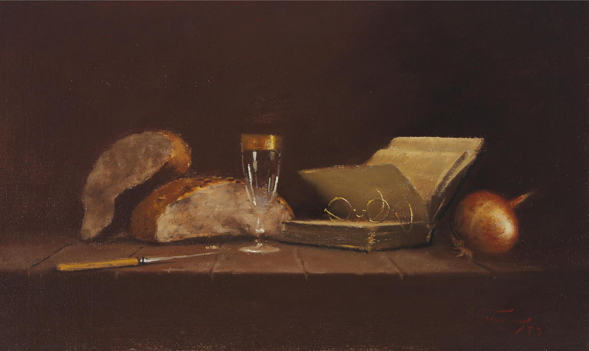 Duggie Du Toit - Still Life With Bread, Book, Wine Glass, Spectacles And An Onion