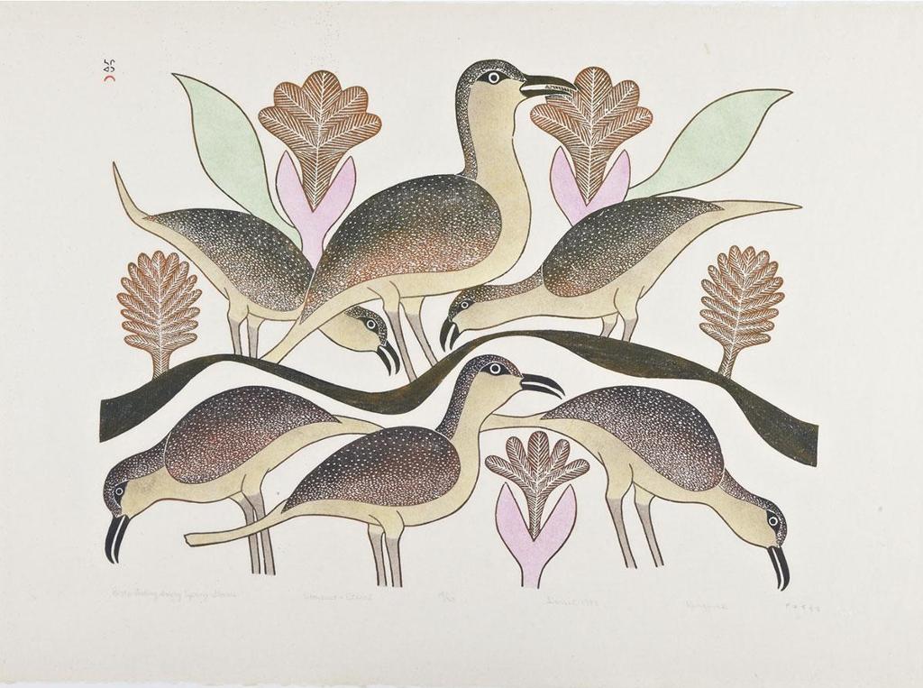 Kenojuak Ashevak (1927-2013) - Birds Feeding Among Spring Flowers