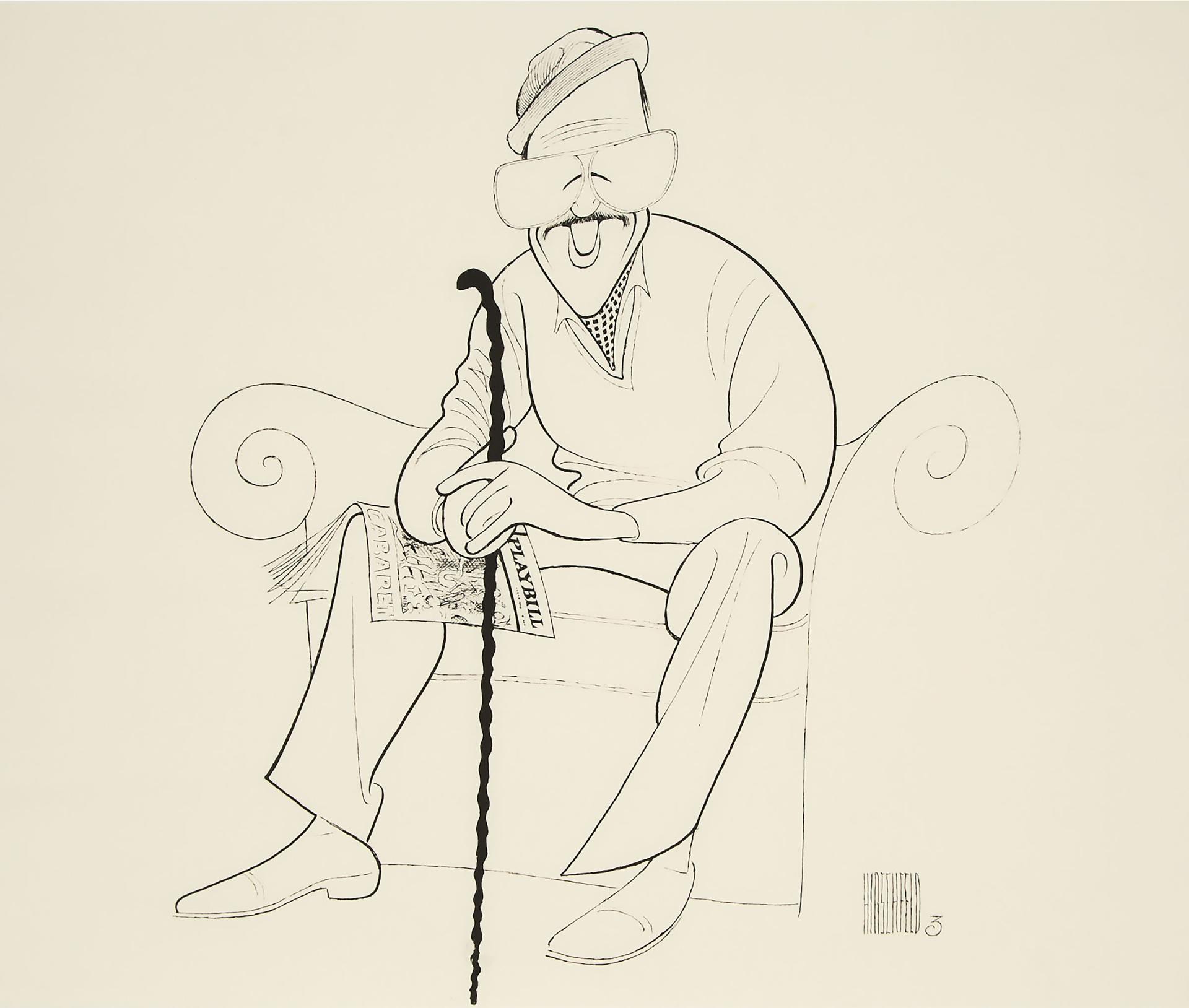 Albert (Al) Hirschfeld - Man With Moustache And Glasses Holding A Cane  While Reading A Copy Of  